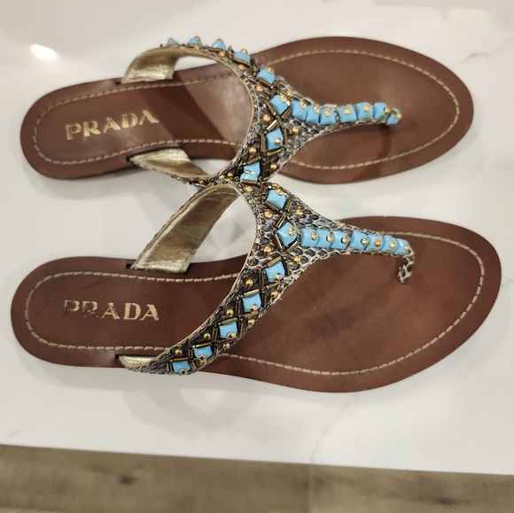Prada Leather Snakeskin and Turquoise Sandals - Picture 3 of 13